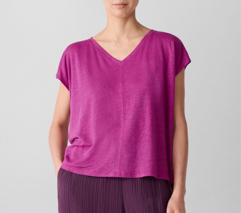Eileen Fisher $118 Organic linen Boxy V-Neck Tee in grape Womens XXS NEW